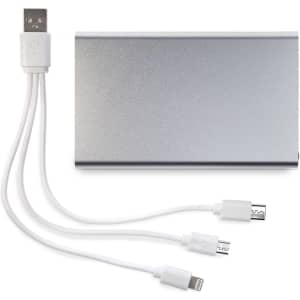 A silver power bank with a multi-connector charging cable, featuring USB, micro USB, and Lightning connectors.