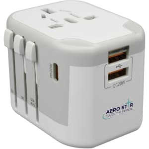 A white travel adaptor with multiple plug options and USB ports, featuring a logo on one side.