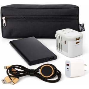 A black zippered pouch contains a portable charger, travel adapter, charging cable, and a wireless charger.
