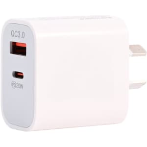 A white charging adapter with one USB-A port and one USB-C port, featuring a compact design and a logo.