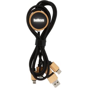 A charging cable with multiple connectors, featuring a black and bamboo design with a round logo.