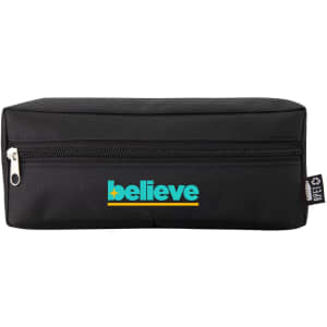 A black rectangular pouch with a zipper, featuring a colourful logo on the front.