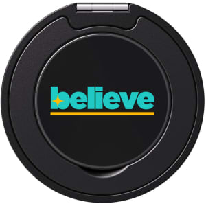 A black circular compact mirror featuring a colourful logo design. It has a hinged cover for easy opening.