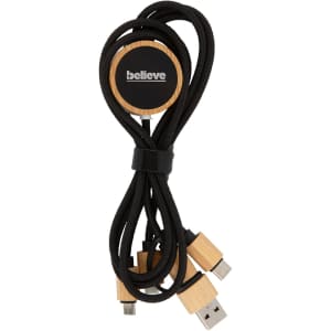 A USB charging cable with a black and bamboo design, featuring multiple connectors bundled together.