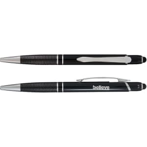 A black pen with chrome accents and a textured grip, featuring a stylus tip and a branding logo.