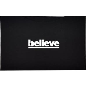 A black promotional folder featuring a prominent white logo. The design is sleek and minimalistic.