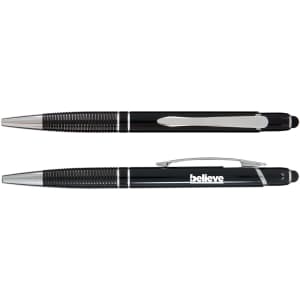 Two black pens with silver accents, featuring a textured grip and one with a printed logo.