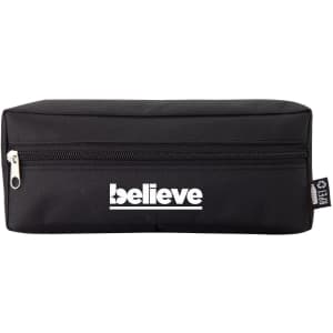 A black rectangular pencil case with a zip closure and a logo feature.