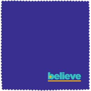 A purple cloth with a scalloped edge featuring a vibrant logo in blue and yellow on the bottom right corner.