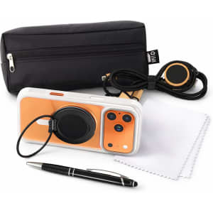 A black pouch contains an orange phone case, a pen, a cleaning cloth, and a coiled charging cable with a connector.