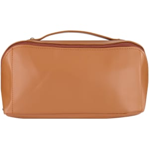 A tan travel bag with a zip closure and a handle on top. The bag has a glossy finish and a simple design.