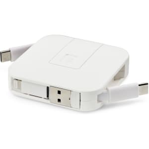 A white multi-port travel charger with retractable cables and a compact design. It features USB and USB-C connections.