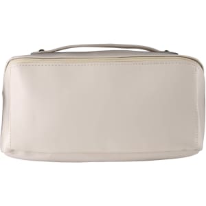 A cream-coloured travel bag with a zip closure and a top handle for easy carrying. Features a subtle logo.