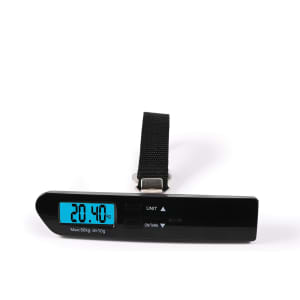 A digital luggage scale with a black body, displaying a weight of 20.40 kg on a blue screen, featuring a strap.