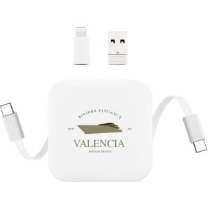 A white portable charging device with a logo, featuring USB-C and Lightning connectors. Includes a USB adapter.