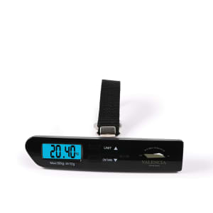A digital luggage scale in black with a blue display showing a weight of 20.40 kg. It features a strap for easy use.