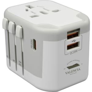 A travel adaptor in white with multiple plug types and USB ports. It features a logo on one side.