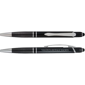 A set of black pens with chrome accents, featuring a branding logo on one of the pens.