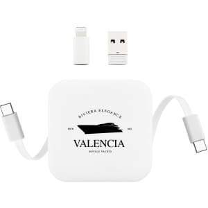 A white charging device with a retractable cable and USB ports. It features a logo and a sleek, modern design.