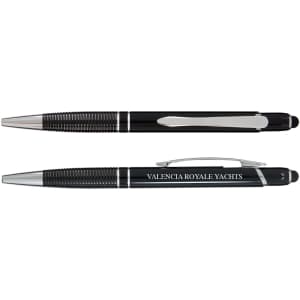 A black pen with a sleek design features a textured grip and a silver clip, along with branding on the side.