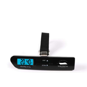 A black digital luggage scale with a strap, displaying a weight of 20.40 kg on a blue screen.