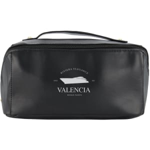 A black travel toiletry bag with a zip closure and a handle, featuring a logo on the front.