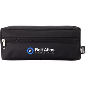 A black tech pack with a zip closure, featuring a logo on one side.