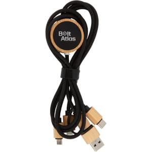 A charging cable with multiple connectors in black and wooden accents, featuring a round logo and tied with a band.