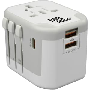 A compact white power adapter with multiple plug options and USB ports. It features a visible logo on one side.