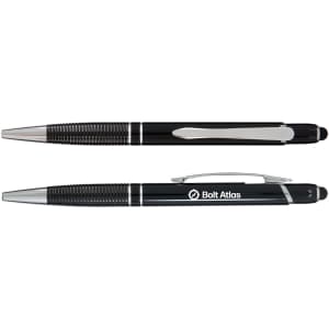 A set of black pens with chrome accents, featuring a textured grip and a logo on one pen.