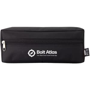 A black rectangular pouch with a zip closure and a branding logo on the front.