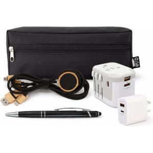 A black zippered pouch containing a pen, charging cables, a universal power adaptor, and a magnetic phone holder.