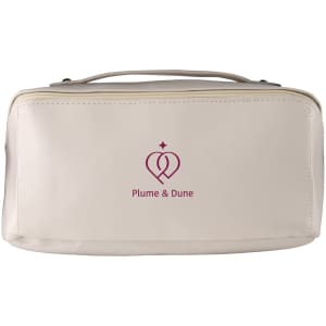 A cream cosmetic bag with a logo on the front, featuring a zip closure and a handle for easy carrying.