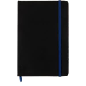 A black notebook with a blue elastic band closure, featuring a matching blue ribbon bookmark.