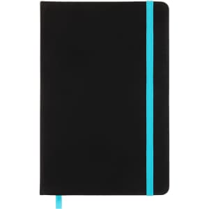 A black notebook with a turquoise elastic band and matching ribbon bookmark. It features a smooth, matte finish.