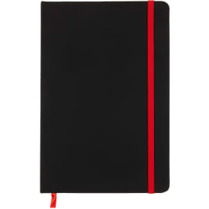 A black notebook with a red elastic band and ribbon bookmark. It features a smooth cover and rounded corners.