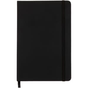 A black notebook with an elastic closure and a bookmark ribbon, featuring a smooth cover and a logo.