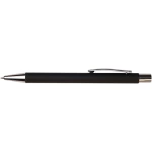 A black pen with a silver clip and tip, featuring a sleek and minimalist design.