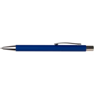 A blue pen with a silver clip and tip, featuring a smooth writing point and a sleek design.