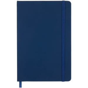 A navy blue notebook with a matching elastic band closure and a ribbon marker. It features a smooth surface and no visible branding.