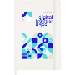 A white notebook featuring geometric patterns in blue and light blue, with a logo on the cover.