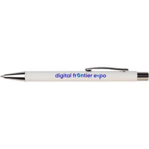 A white pen with a silver clip featuring a logo in blue text.
