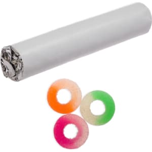 A roll of foil and three colourful, sweet candy rings in orange, green, and pink. The foil is wrapped securely.