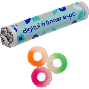 A cylinder container with a logo design and three gummy rings in orange, green, and pink.