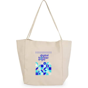 A beige tote bag featuring a logo and geometric designs in blue and teal.