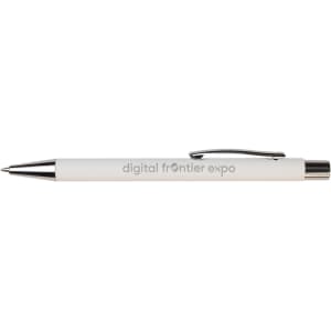 A white pen with a silver clip and tip, featuring a logo on the barrel.