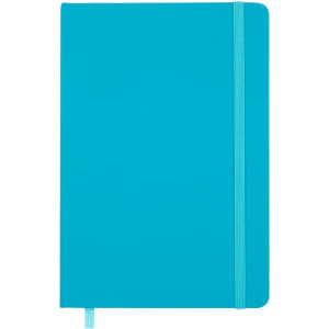 A turquoise notebook with a matching elastic band and a ribbon marker. It features a smooth, solid cover.