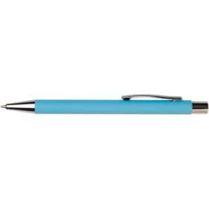 A blue pen with a silver clip and tip, featuring a smooth body design.