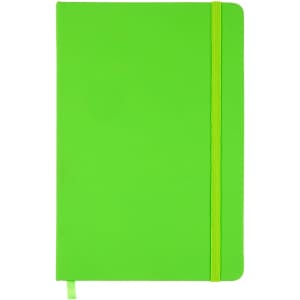 A green notebook with a ribbon closure and an elastic band, featuring a smooth cover and a bookmark.