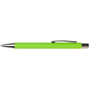 A green pen with a silver clip and a ballpoint tip, sleek and modern in design.